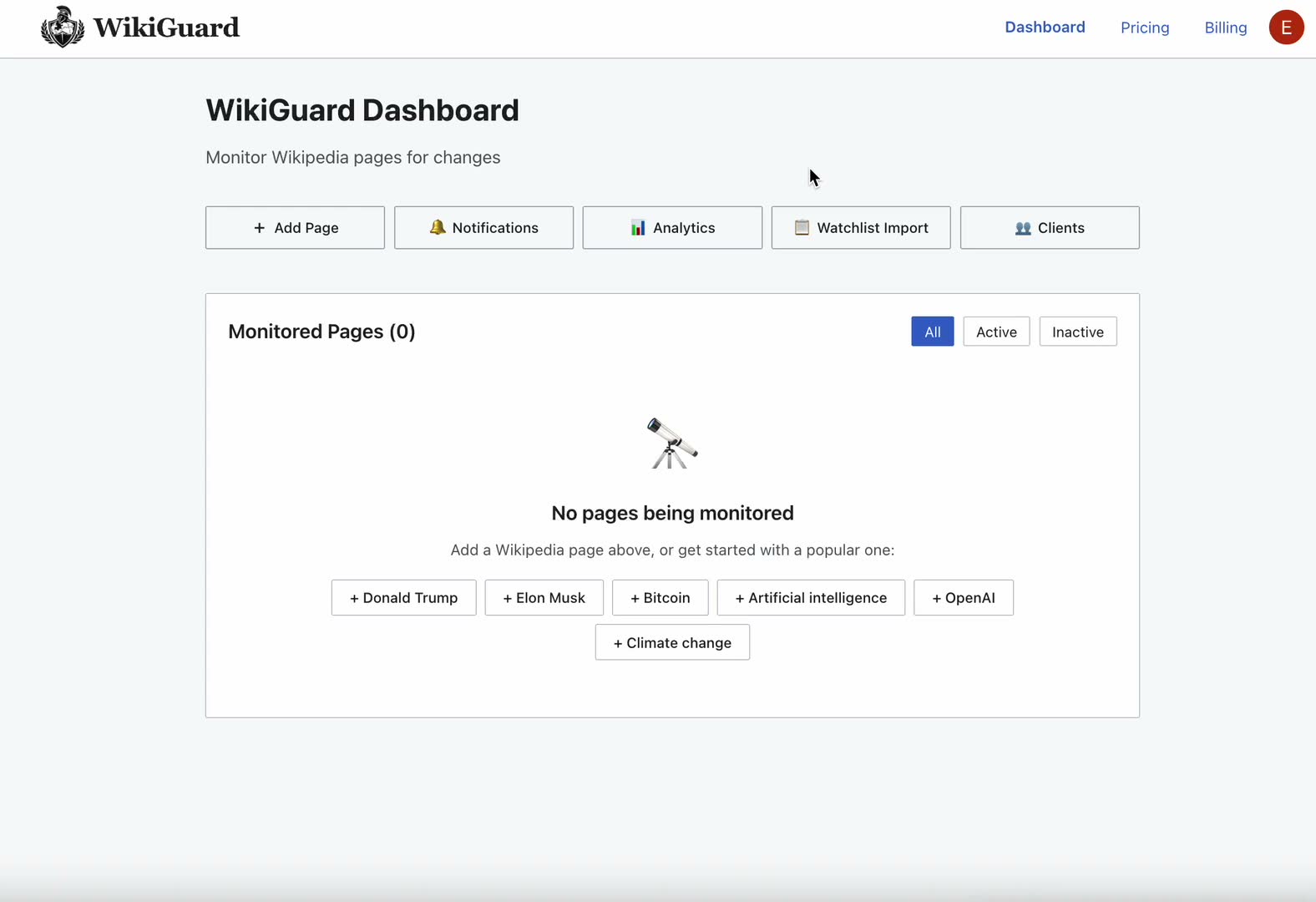 WikiGuard demo — add a page, create a client, and route alerts