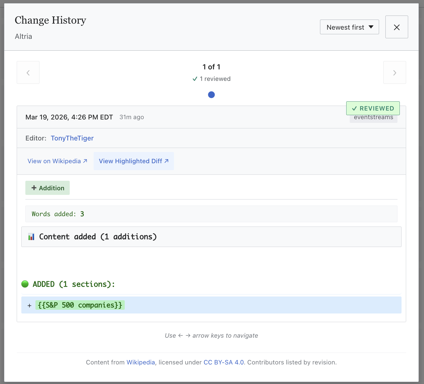WikiGuard change history showing timestamps, editor info, and complete diffs